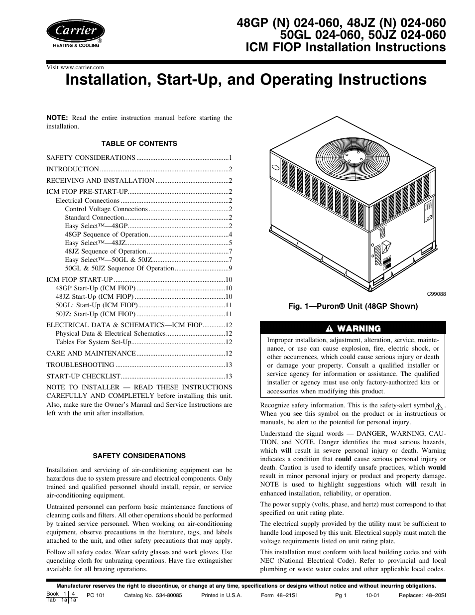 Carrier 50JZ 024-060 User Manual | 30 pages