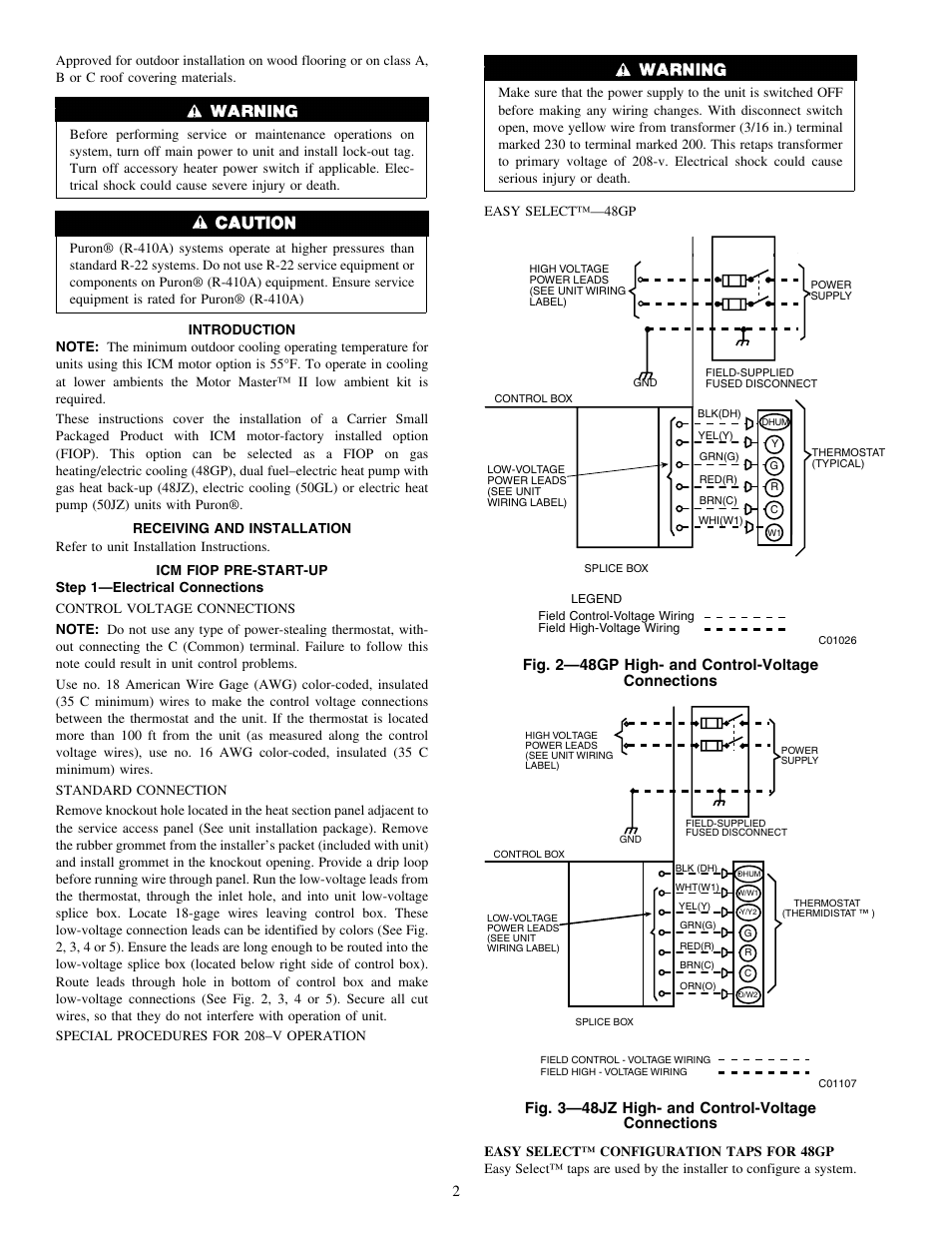 Fig. 2—48gp high- and control-voltage connections, Fig. 3—48jz high- and control-voltage connections | Carrier 50JZ 024-060 User Manual | Page 2 / 30