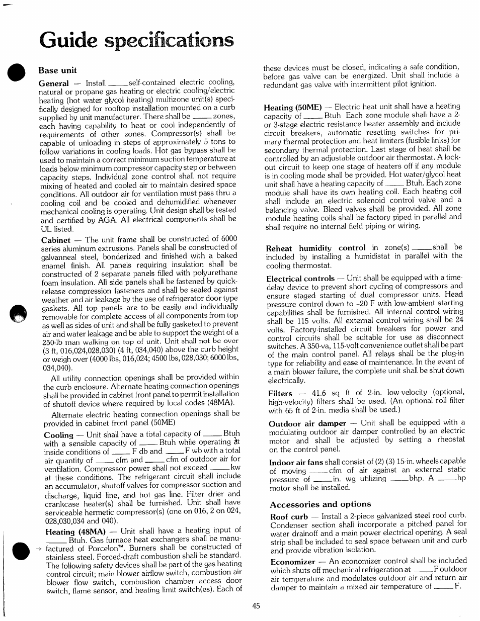 Guide specifications, Base unit, Accessories and options | Carrier ZONE-MIZER 50ME User Manual | Page 45 / 46