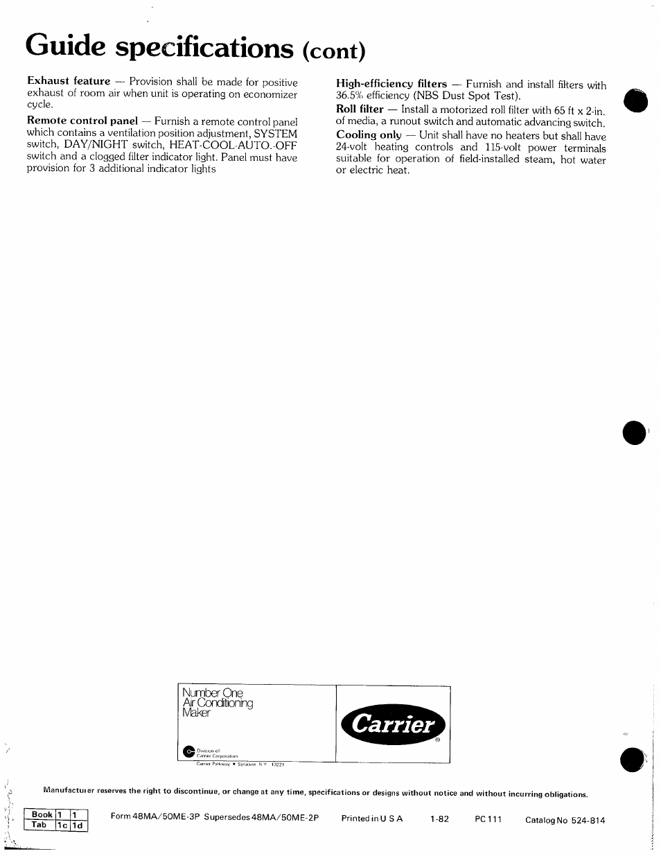 Guide specifications, Cont), Number one air conditioning maker | Carrier ZONE-MIZER 50ME User Manual | Page 46 / 46