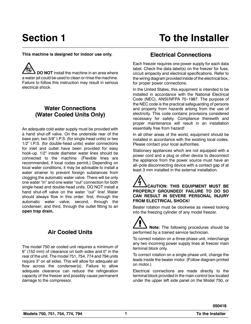 Water connections (water cooled units only), Air cooled units, Electrical connections | Carrier 794 User Manual | Page 5 / 54