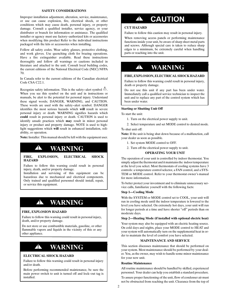 Caution, Warning | Carrier 50GL-A User Manual | Page 2 / 4