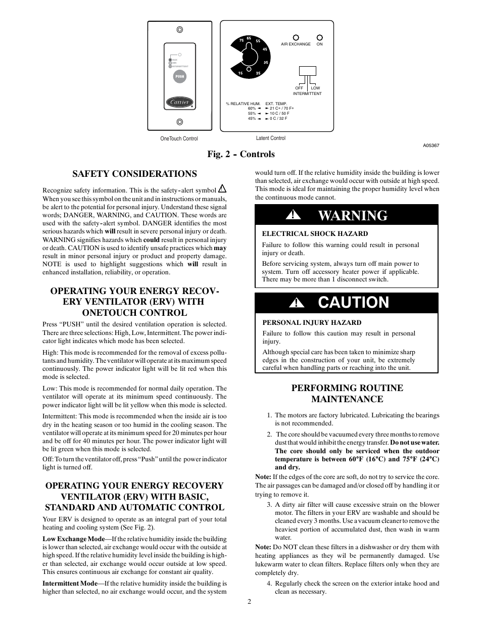 Caution, Warning, Fig. 2 -- controls safety considerations | Performing routine maintenance | Carrier ERVCCSVA User Manual | Page 2 / 4