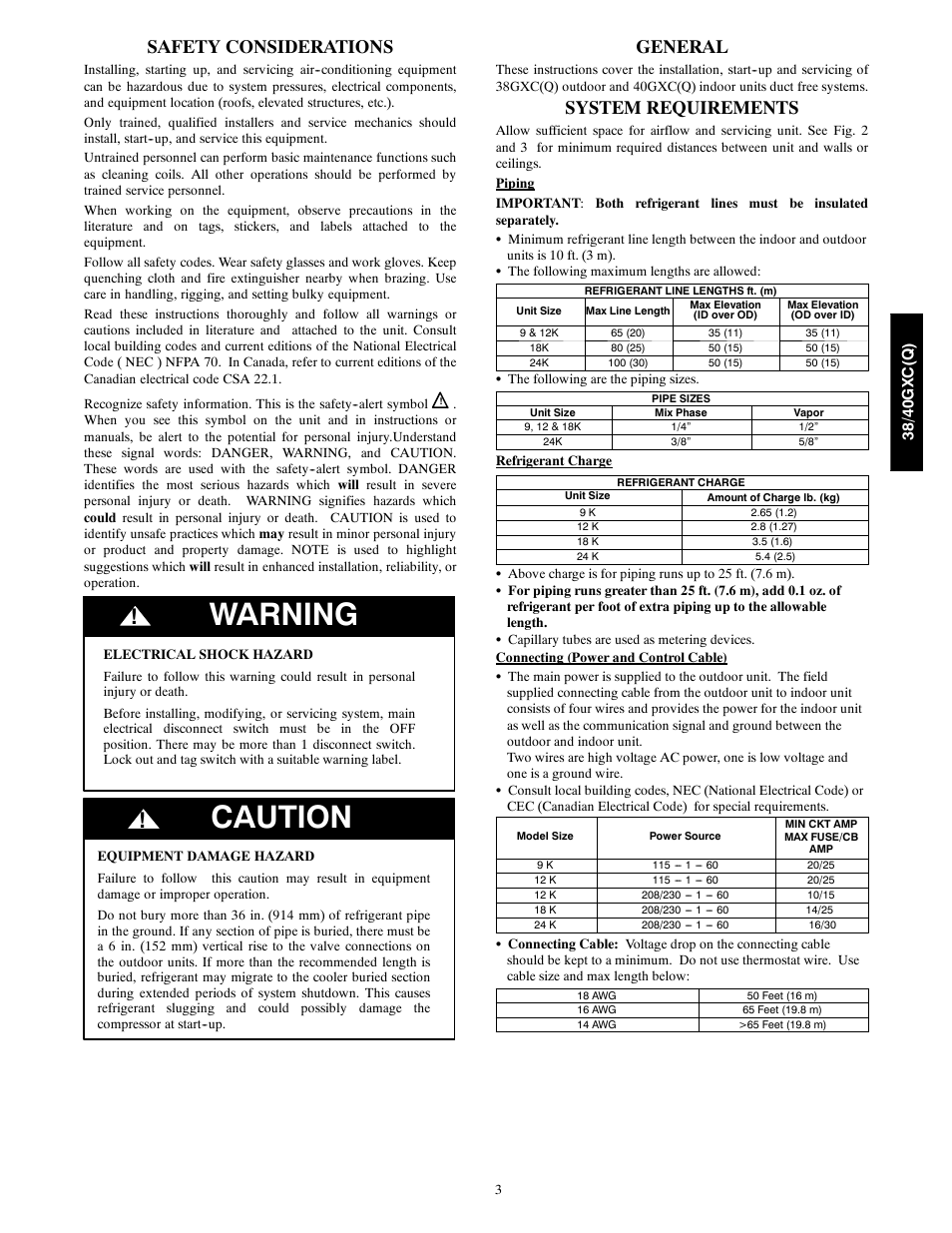 Warning, Caution, Safety considerations | General, System requirements | Carrier 40GXQ User Manual | Page 3 / 12