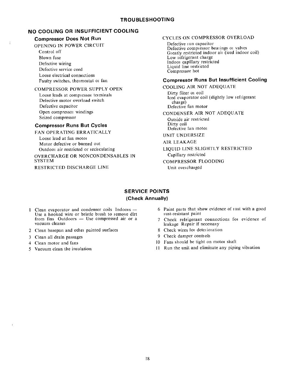Troubleshooting, No cooling or insufficient cooling, Compressor does not run | Compressor runs but cycles, Compressor runs but insufficient cooling, Service points (check annually) | Carrier 51CM User Manual | Page 18 / 21