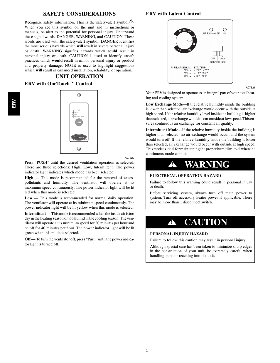 Warning, Caution, Safety considerations | Unit operation | Carrier ERVCCSHB User Manual | Page 2 / 4