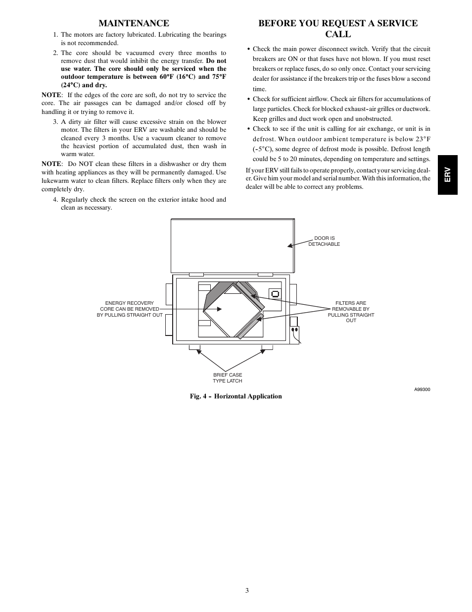 Maintenance, Before you request a service call | Carrier ERVCCSHB User Manual | Page 3 / 4
