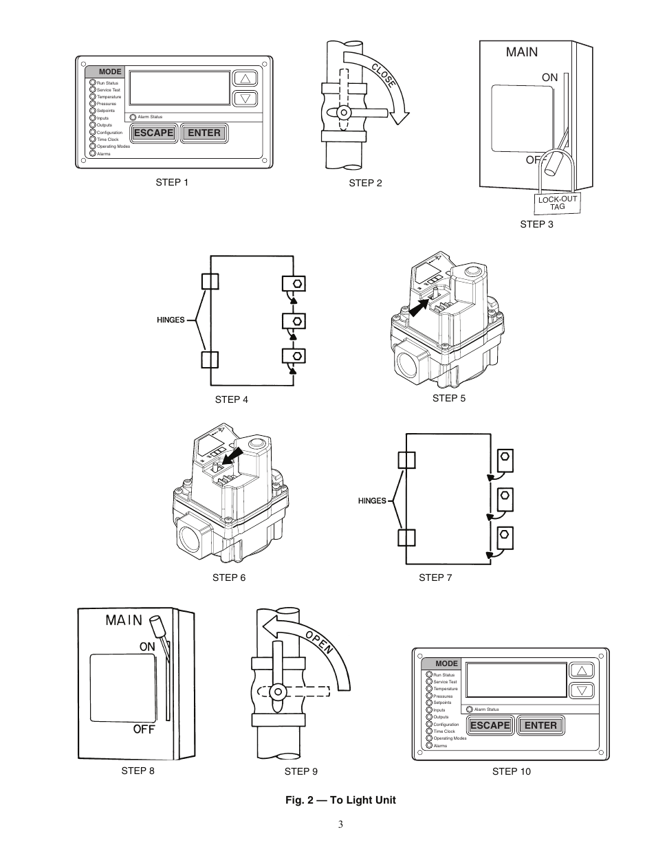 Main, Fig. 2 — to light unit, On off | Step 1, Step 9, Enter, Escape | Carrier 48ZT User Manual | Page 3 / 8