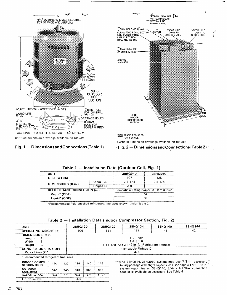 Fig. 1 —dimensionsandconnections(tablel) | Carrier 38HQ User Manual | Page 2 / 20