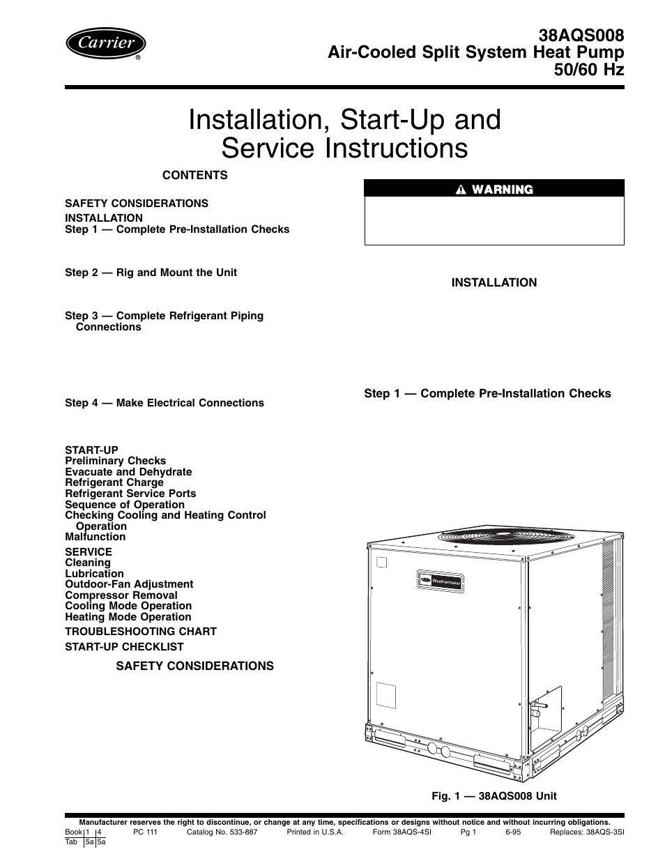 Carrier AIR COOLED SPLIT SYSTEM 38AQS008 User Manual | 20 pages