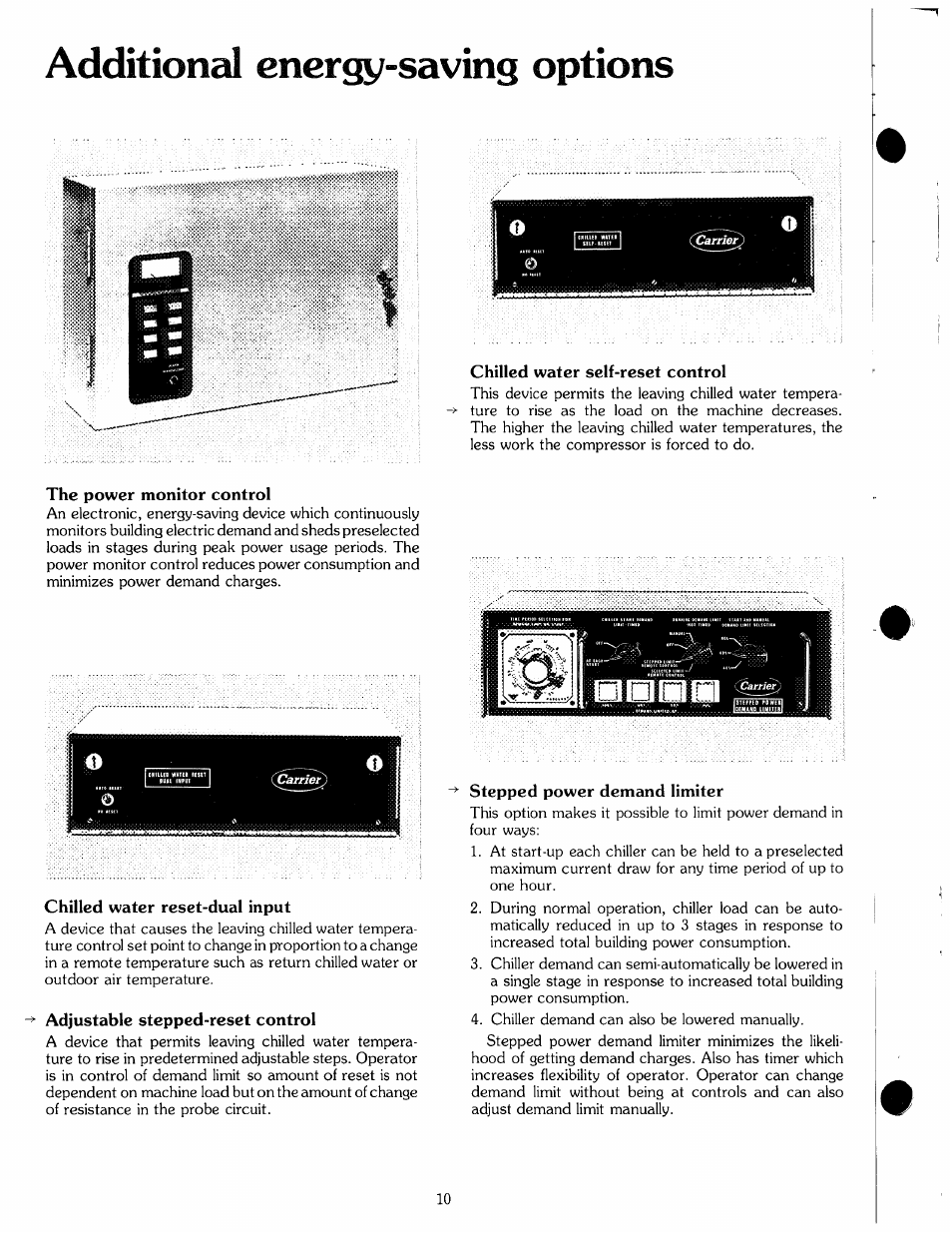 Additional energy-saving options, Chilled water self-reset control, The power monitor control | Chilled water reset-dual input, Adjustable stepped-rcset control, Stepped power demand limiter | Carrier 19 Series User Manual | Page 10 / 49