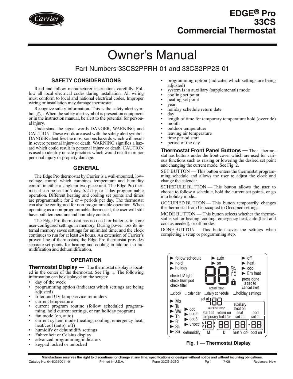 Carrier EDGE PRO 33CS2PPRH-01 User Manual | 8 pages