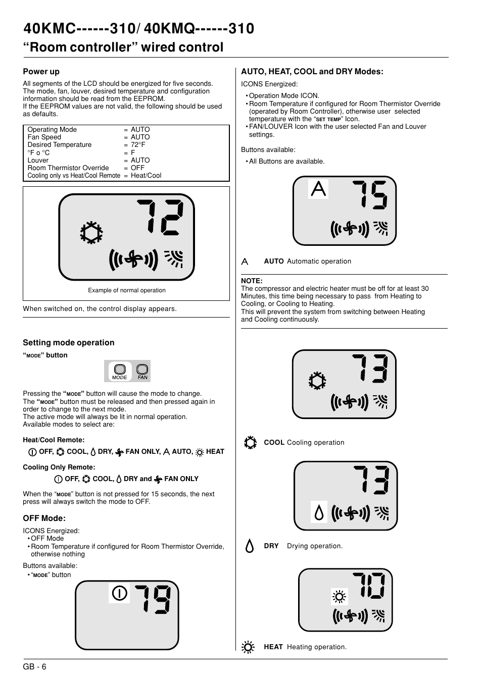 40kmc / 40kmq, Room controller” wired control | Carrier 40KMC------301 User Manual | Page 7 / 10