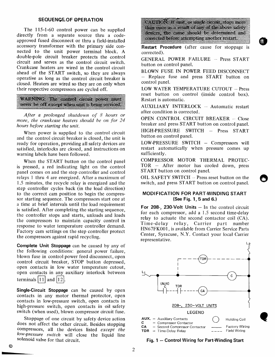 Sequenc^of operation, Fig. 1 — control wiring for part-winding start | Carrier 30HS User Manual | Page 2 / 8