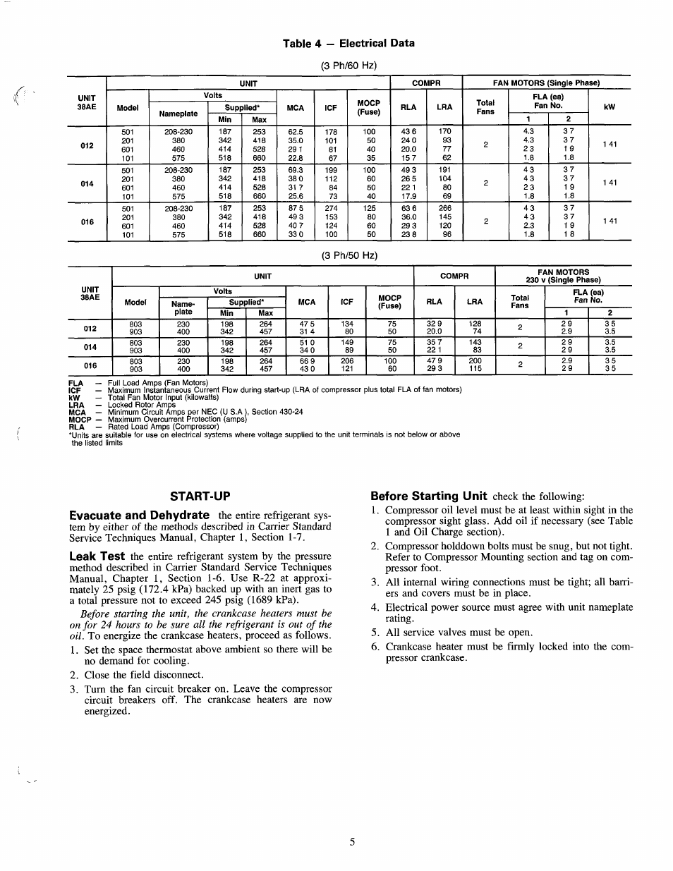 Start-up evacuate and dehydrate, Leak test, Before starting unit | Table 4 - electrical data | Carrier 38AE User Manual | Page 5 / 12