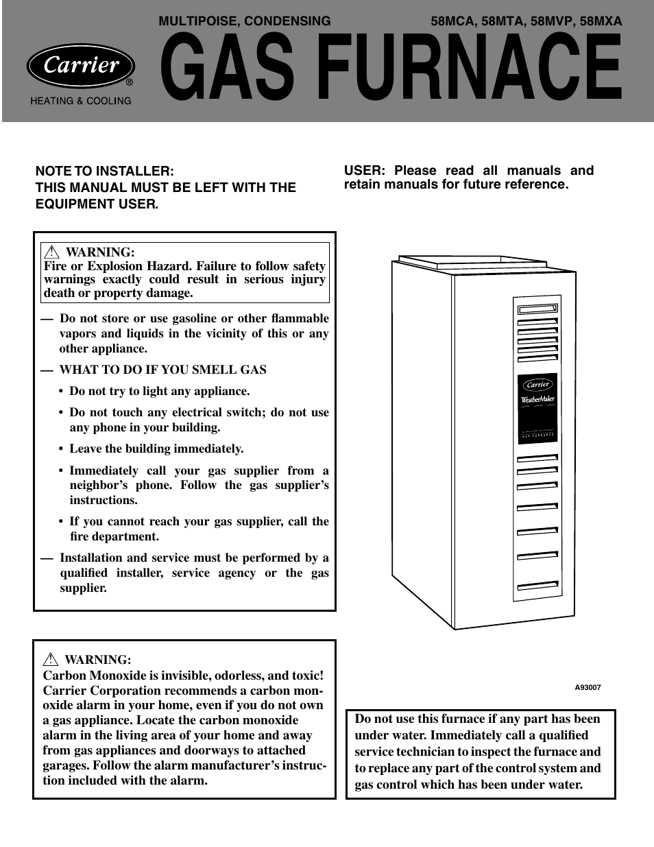 Carrier WEATHERMAKER INFINITY 58MCA User Manual | 12 pages