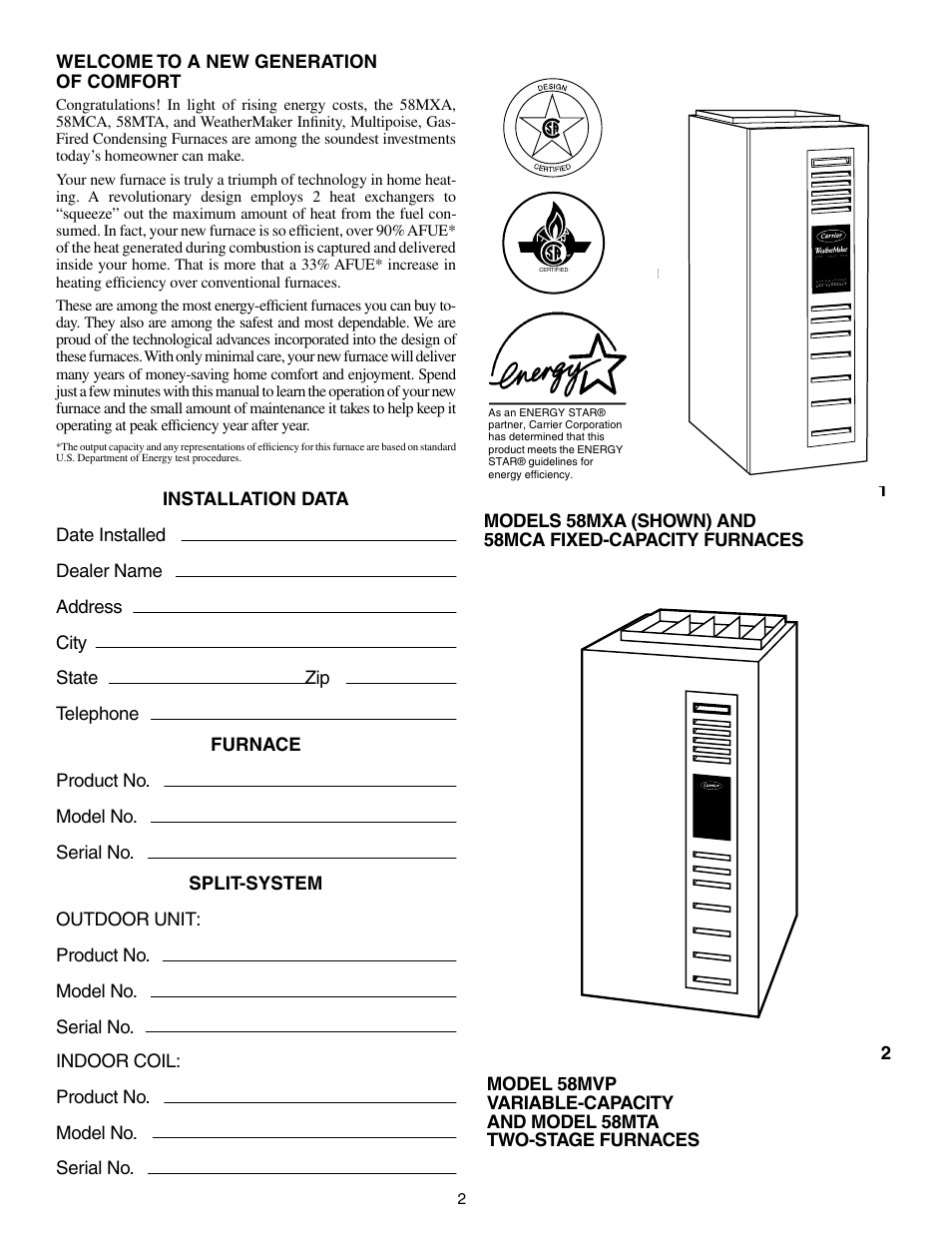 Carrier WEATHERMAKER INFINITY 58MCA User Manual | Page 2 / 12