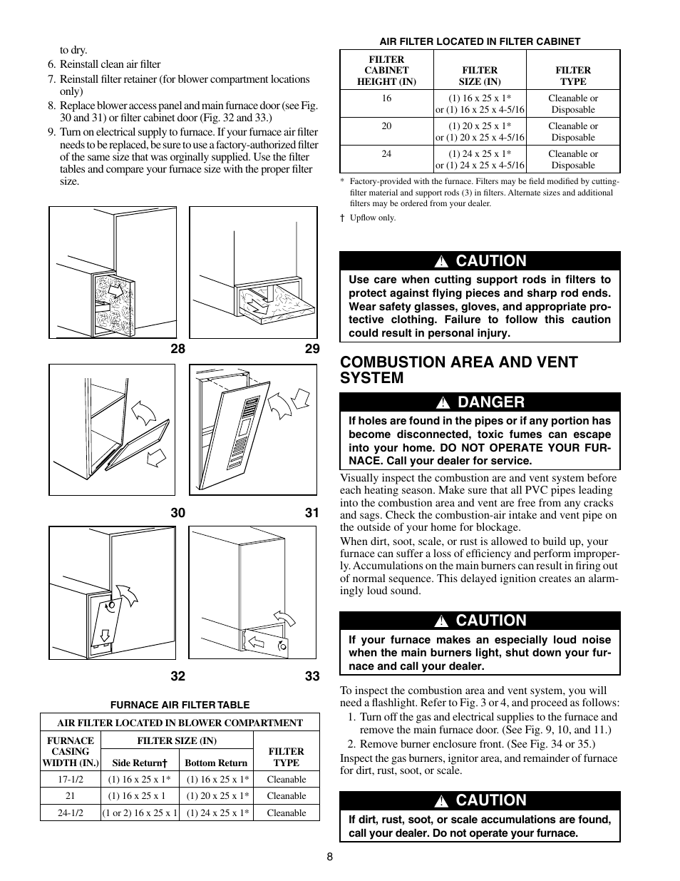 Combustion area and vent system, Caution, Danger | Carrier WEATHERMAKER INFINITY 58MCA User Manual | Page 8 / 12