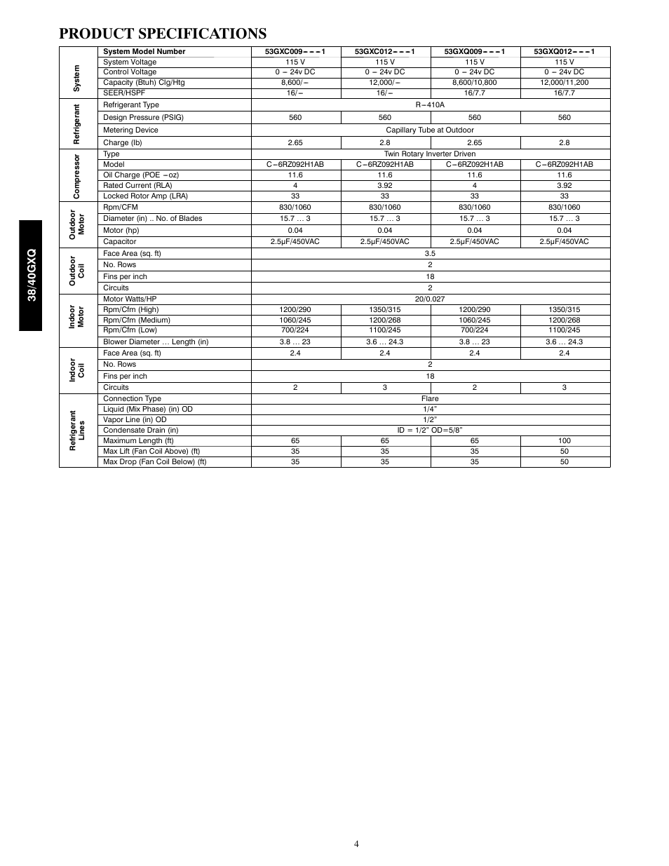 Product specifications, 38/ 40gx q | Carrier 38GXC User Manual | Page 4 / 28