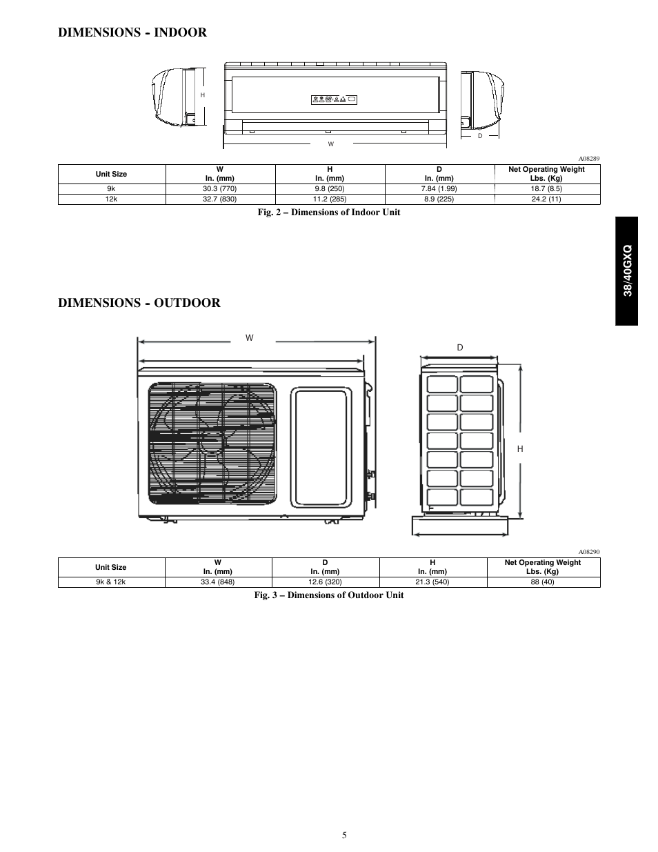 Dimensions -- indoor, Dimensions -- outdoor, 38/ 40gx q | Carrier 38GXC User Manual | Page 5 / 28