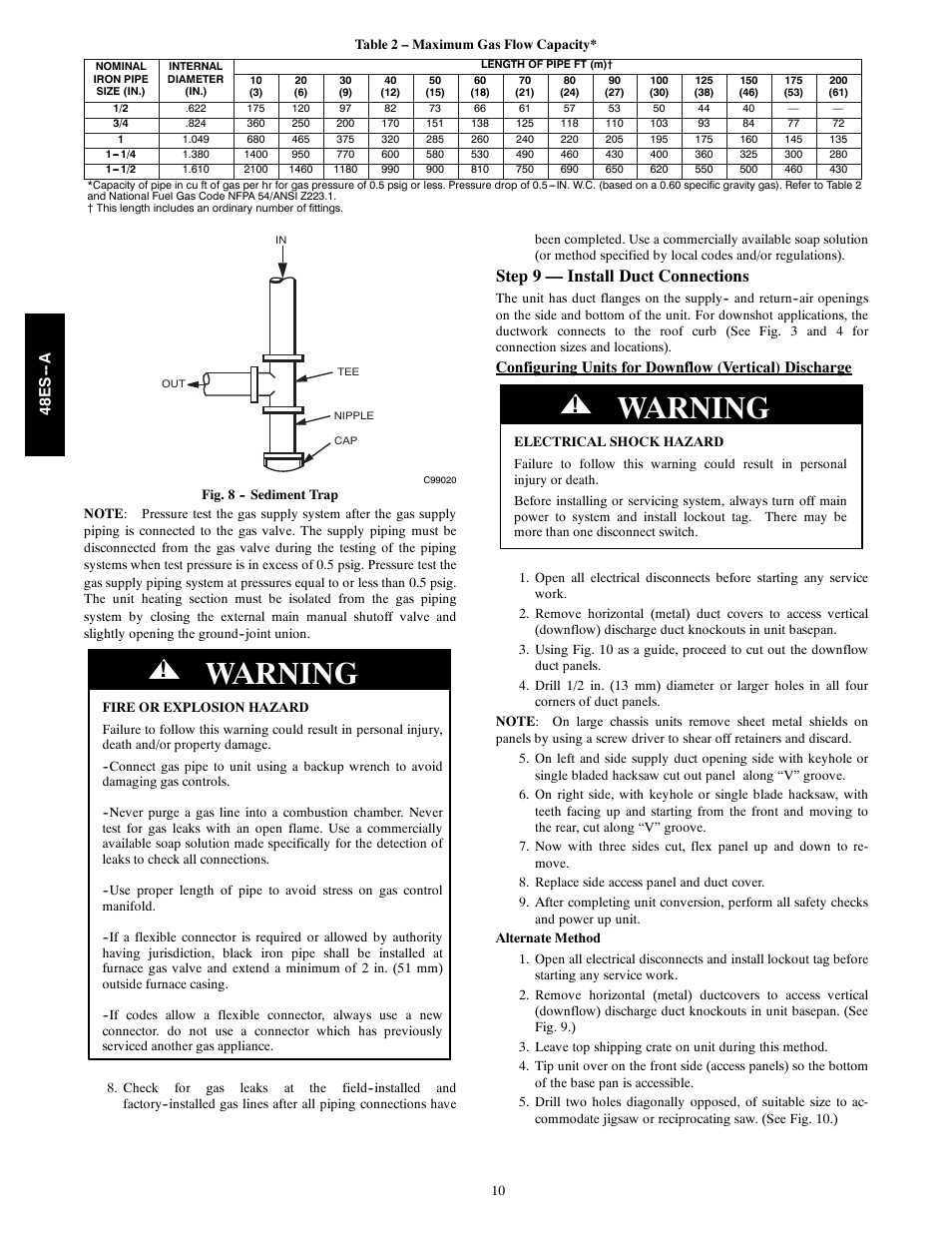 Warning, Step 9 — install duct connections, 48e s -- a | Carrier 48ES---A User Manual | Page 10 / 38