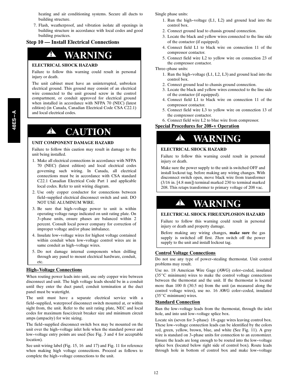 Warning, Caution | Carrier 48ES---A User Manual | Page 12 / 38