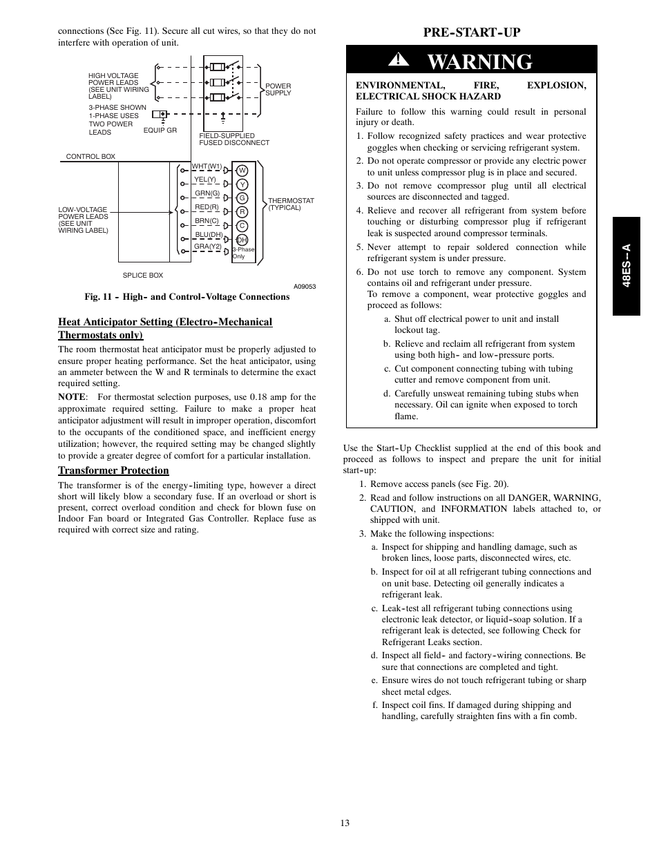 Warning, Pre--start--up | Carrier 48ES---A User Manual | Page 13 / 38