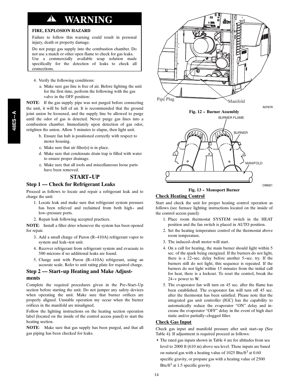 Warning, Start--up, Step 1 — check for refrigerant leaks | Step 2 — start--up heating and make adjust- ments | Carrier 48ES---A User Manual | Page 14 / 38