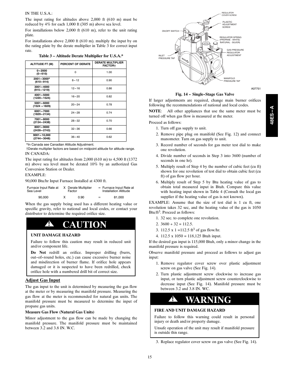 Caution, Warning, Adjust gas input | 48e s -- a | Carrier 48ES---A User Manual | Page 15 / 38