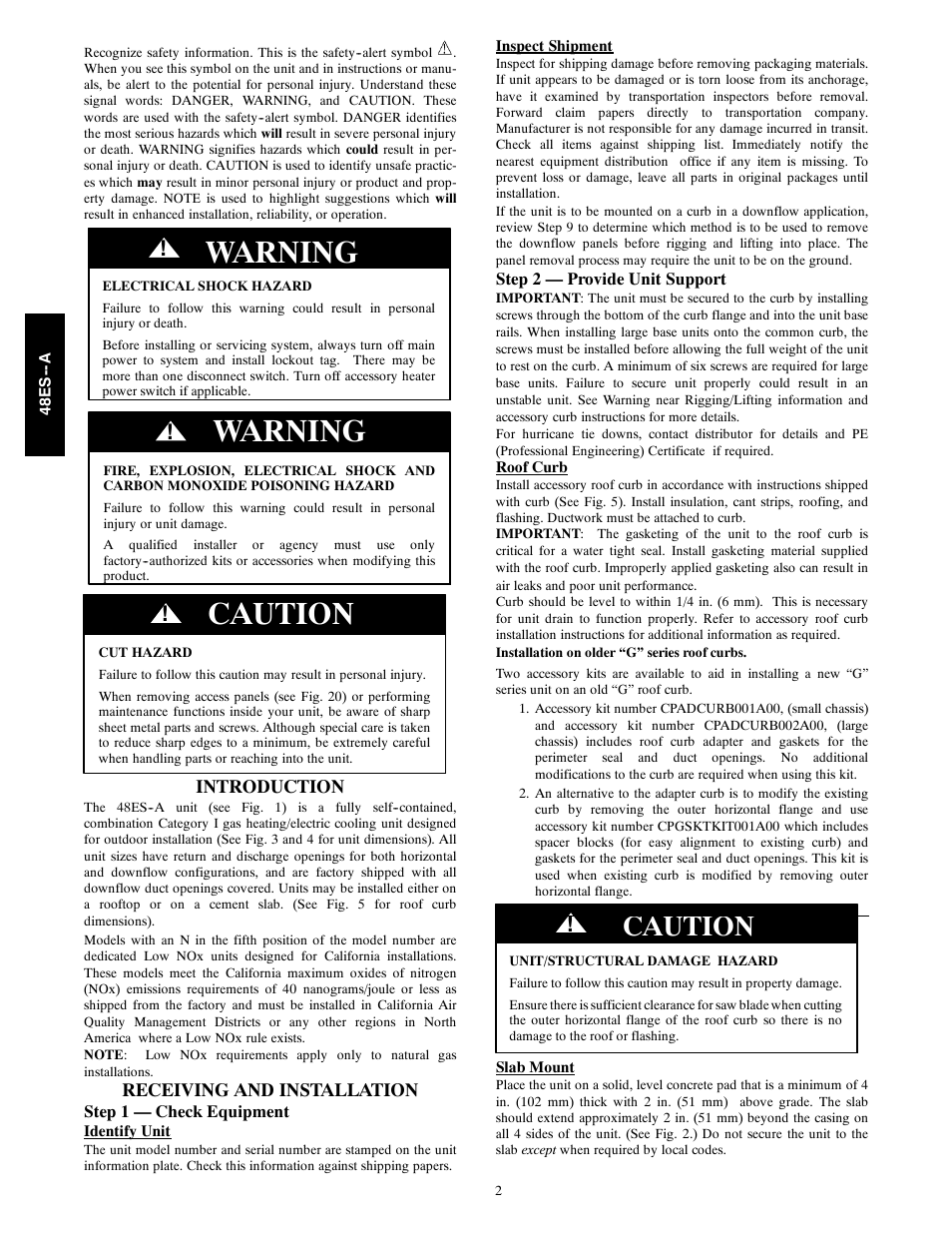 Warning, Caution | Carrier 48ES---A User Manual | Page 2 / 38