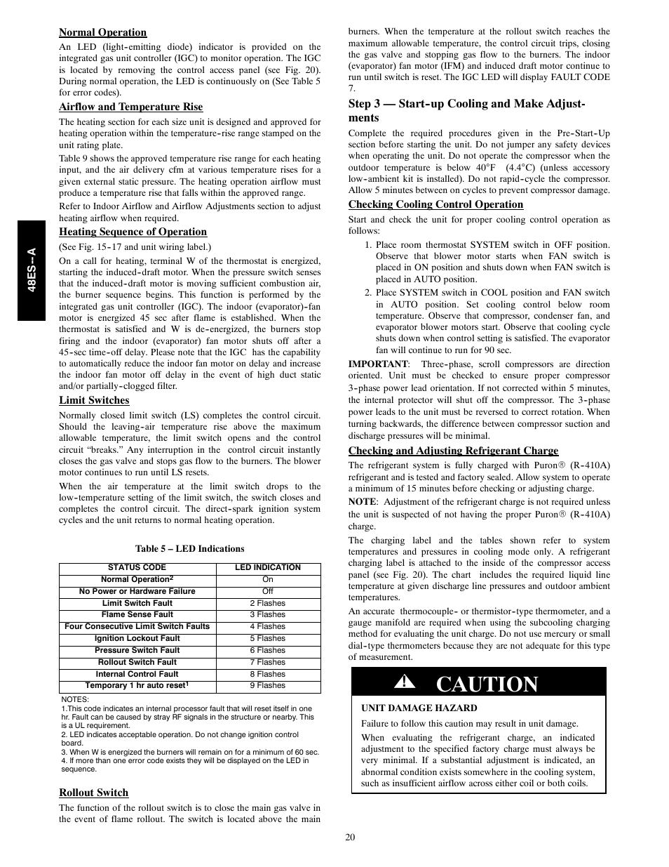 Caution, Step 3 — start--up cooling and make adjust- ments | Carrier 48ES---A User Manual | Page 20 / 38