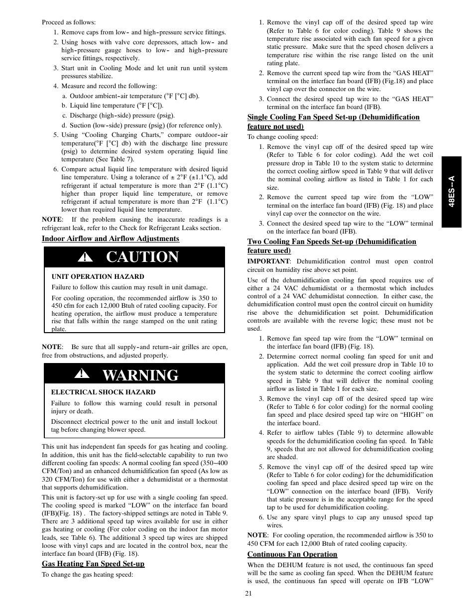 Caution, Warning | Carrier 48ES---A User Manual | Page 21 / 38