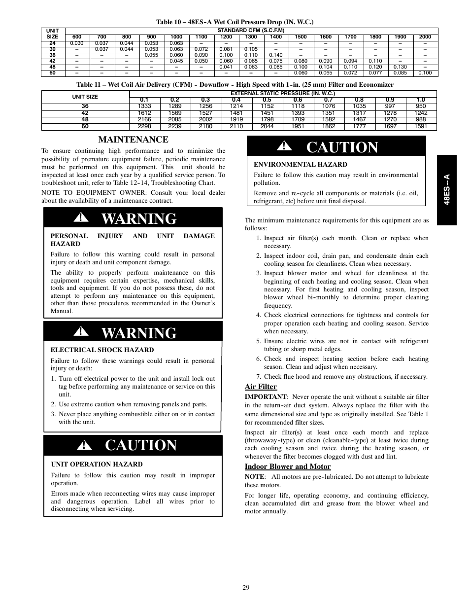 Warning, Caution, Maintenance | Carrier 48ES---A User Manual | Page 29 / 38