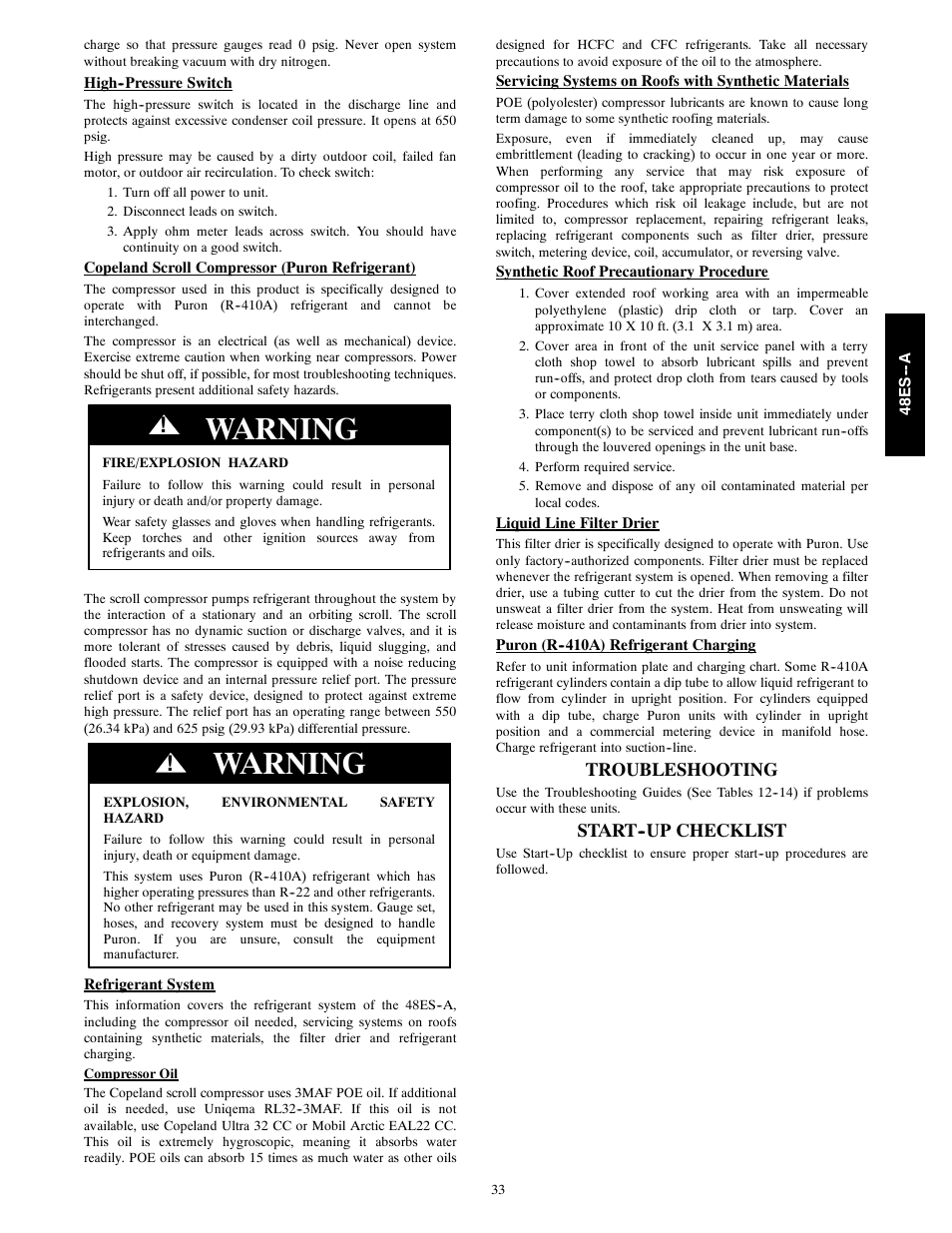 Warning, Troubleshooting, Start--up checklist | Carrier 48ES---A User Manual | Page 33 / 38