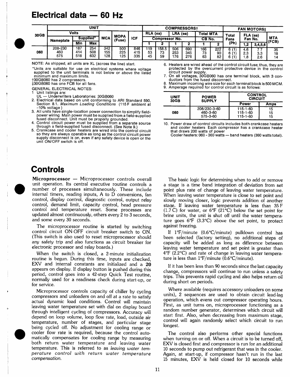 Electrical data ~ 60 hz, Controls, Controls ,12 | Carrier 30GB060 User Manual | Page 11 / 16