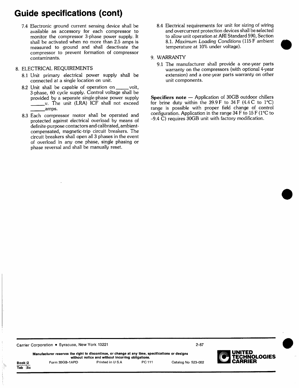 Guide specifications (cont) | Carrier 30GB060 User Manual | Page 16 / 16