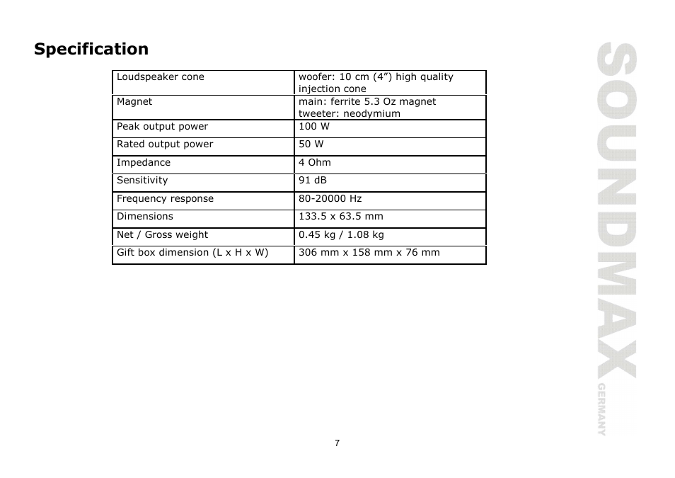 Specification | SoundMax SM-CSA402 User Manual | Page 7 / 13