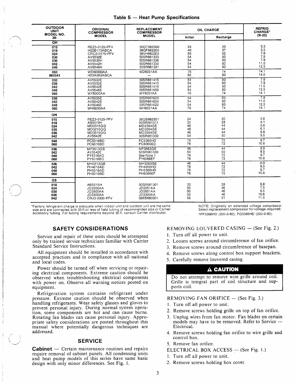 Safety considerations, Service, A caution | Caution | Carrier 38E User Manual | Page 3 / 20