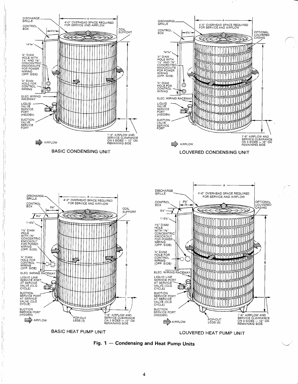 Louvered condensing unit, Louvered heat pump unit, Fig. 1 — condensing and heat pump units | Basic condensing unit louvered condensing unit | Carrier 38E User Manual | Page 4 / 20