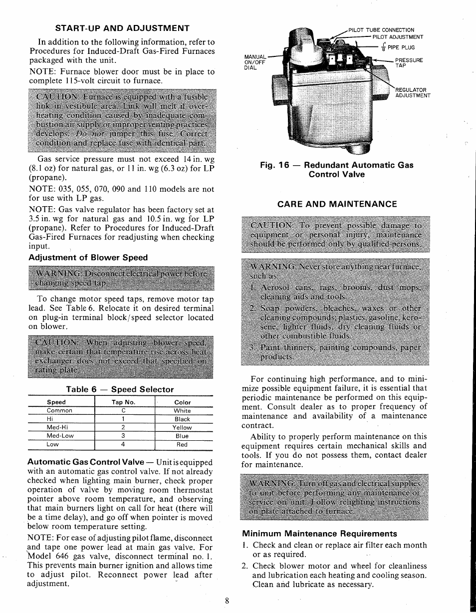 Start-up and adjustment, Care and maintenance, Minimum maintenance requirements | Carrier 58DH User Manual | Page 8 / 10