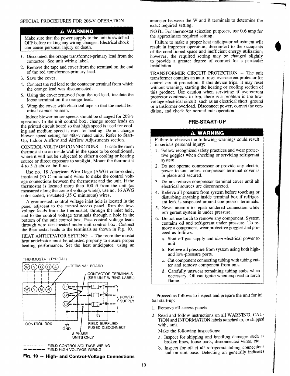 Á warning, A warning, Fig. 10 — high- and control-voltage connections | Carrier 48NLT User Manual | Page 10 / 27