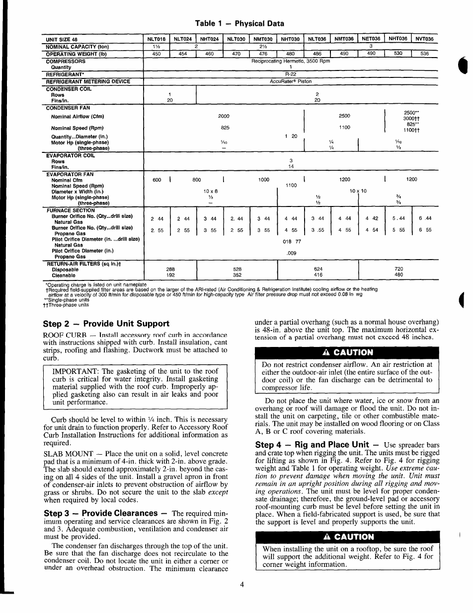 A caution, Step 2 - provide unit support, Step 3 — provide clearances | Caution, Step 4 — rig and place unit | Carrier 48NLT User Manual | Page 4 / 27