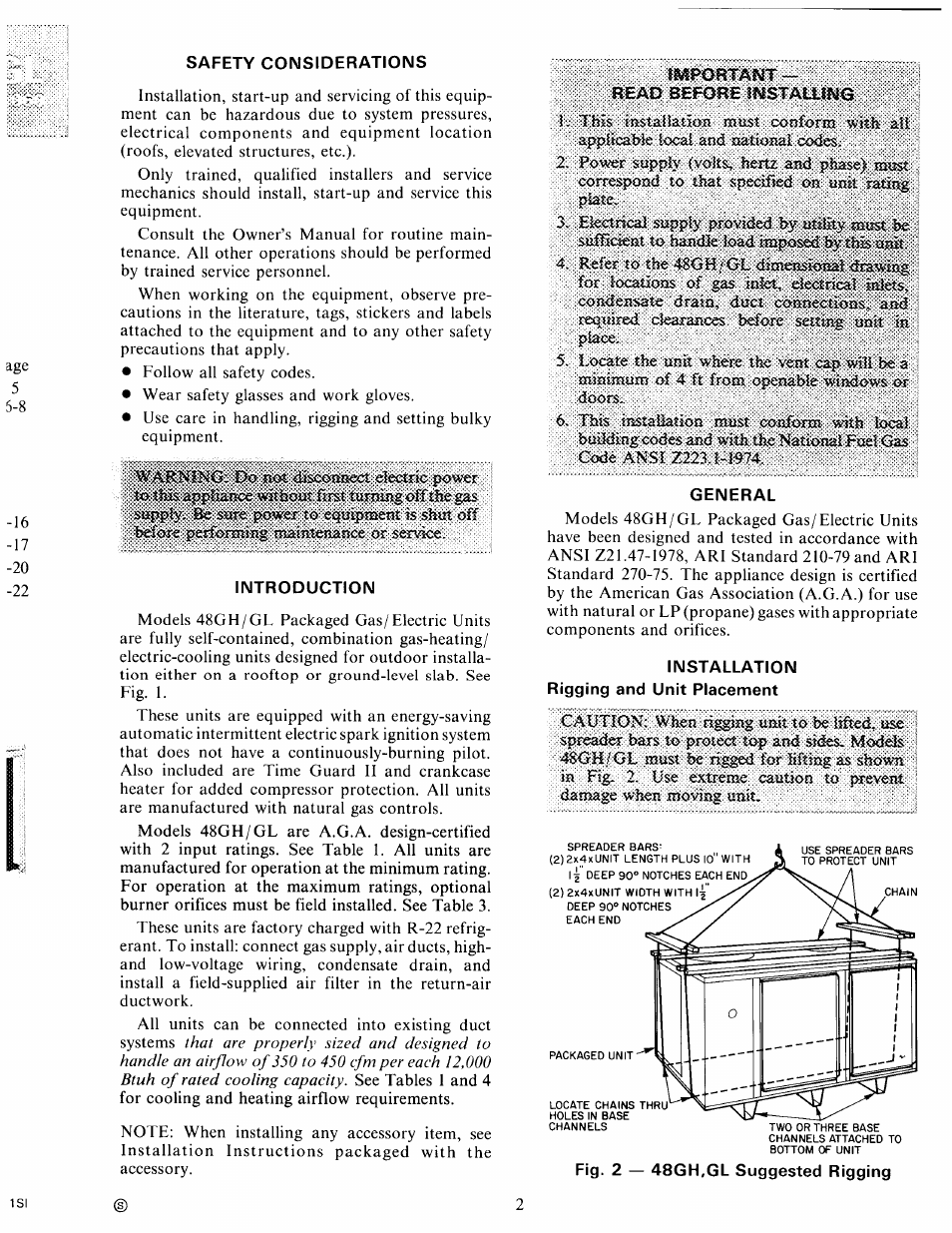 Safety considerations, Introduction, Ímportant | Read before imstailino, General, Installation rigging and unit placement, Safety considerations introduction, Rigging and unit placement -3 | Carrier 48GH User Manual | Page 2 / 22