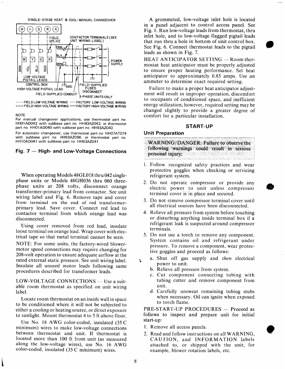 Fig. 7 — high- and low-voltage connections, Start-up, Unit preparation | Carrier 48GH User Manual | Page 8 / 22