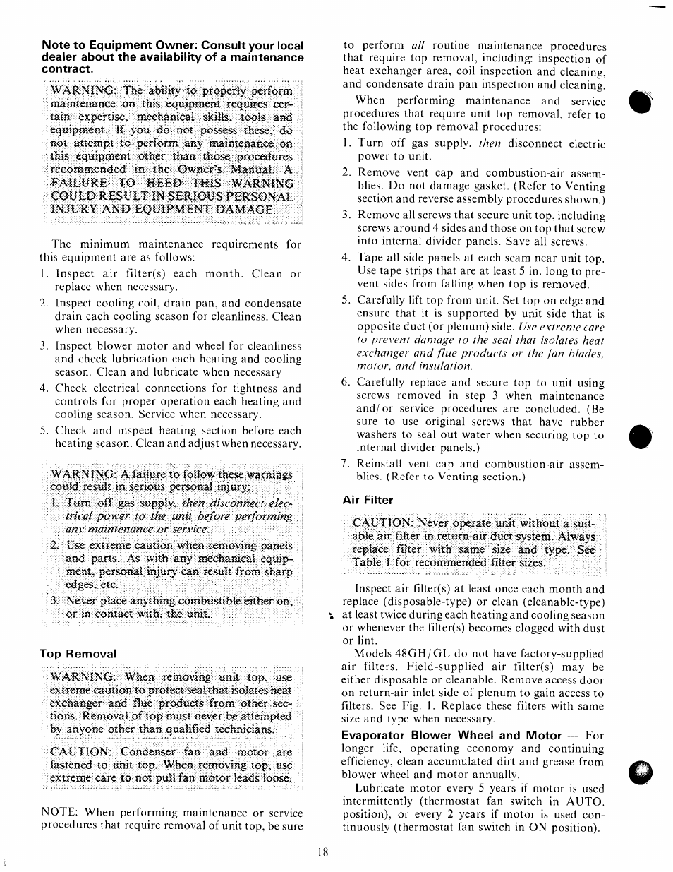 Top removal, Air filter, Evaporator blower wheel and motor — for | Carrier 48GH User Manual | Page 18 / 22