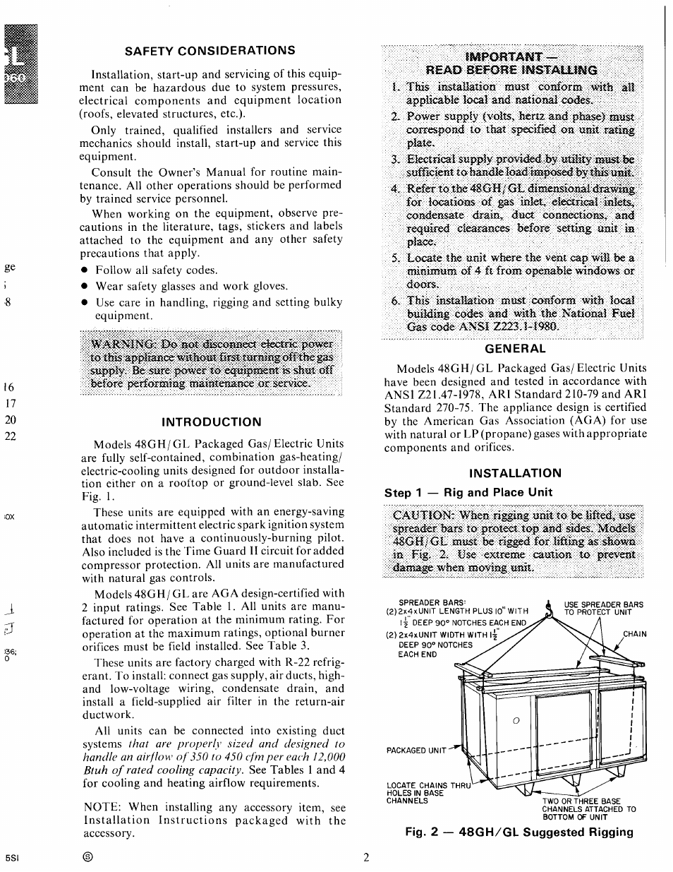 Safety considerations, Introduction, General | Installation step 1 — rig and place unit, Step 1 — rig and place unit | Carrier 48GH User Manual | Page 2 / 22