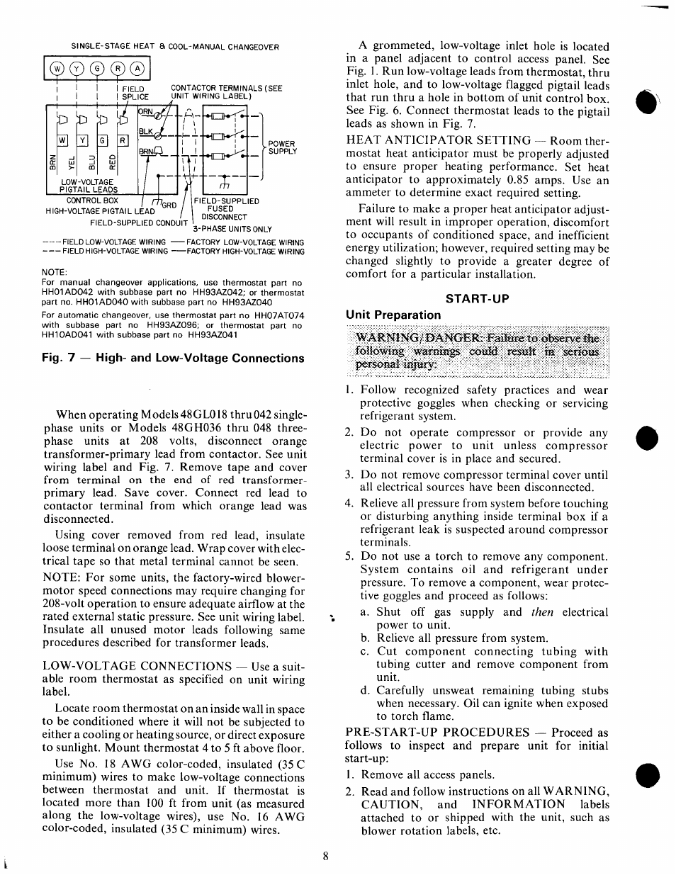 Fig. 7 — high- and low-voltage connections, Start-up | Carrier 48GH User Manual | Page 8 / 22