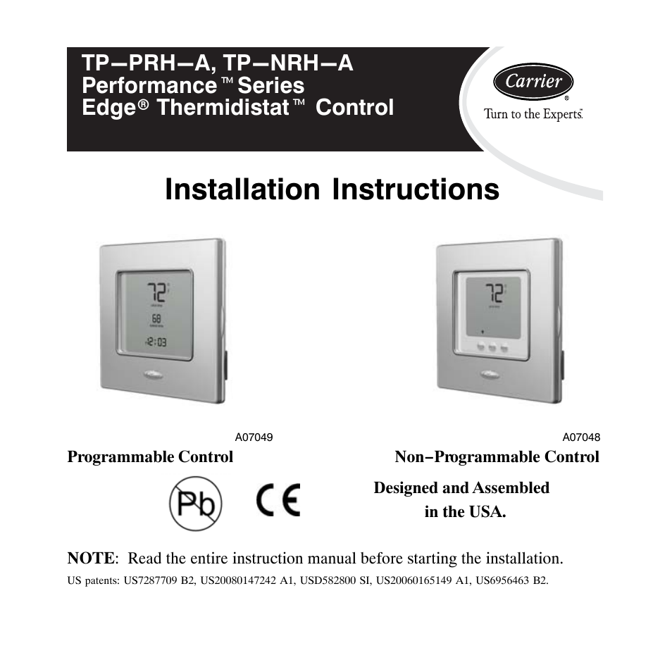 Carrier PERFORMANCETSERIES EDGER THERMIDISTATT CONTROL TP-PRH-A User Manual | 88 pages