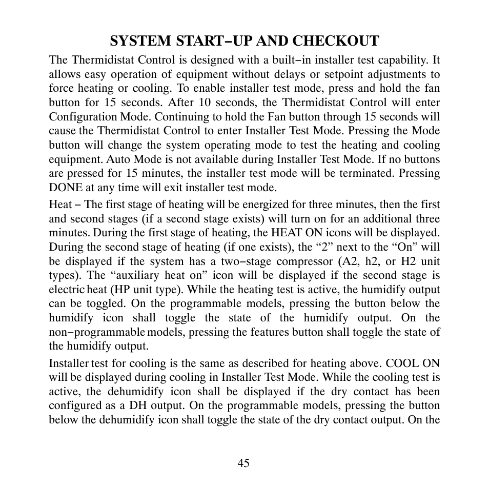 System start−up and checkout | Carrier PERFORMANCETSERIES EDGER THERMIDISTATT CONTROL TP-PRH-A User Manual | Page 45 / 88
