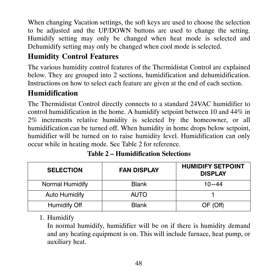 Humidity control features, Humidification | Carrier PERFORMANCETSERIES EDGER THERMIDISTATT CONTROL TP-PRH-A User Manual | Page 48 / 88